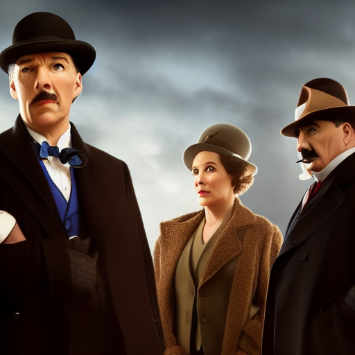 Ariadne Oliver standing with her arms crossed, a worried expression on her face, while Sherlock and Poirot exchange a concerned glance behind her.